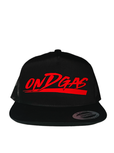 Black ONDGAS Snapback with red rubber ONDGAS logo